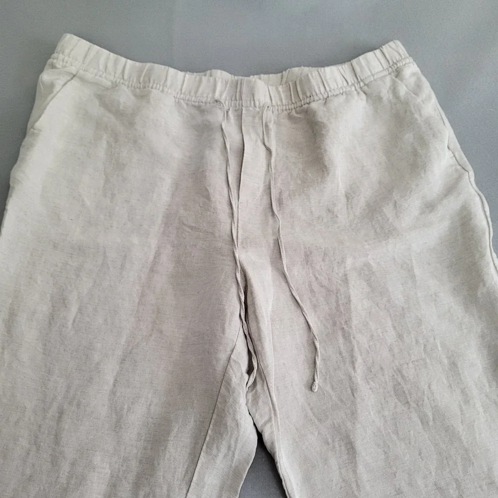 H &‎ M Linen Blend Beige Wide Leg Pants Elastic Waist Women's XL Pockets Boho